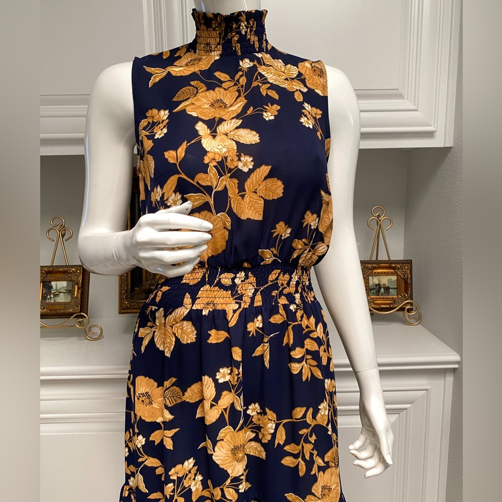 Nanette Lepore Gold and Blue Mock Neck Midi Dress